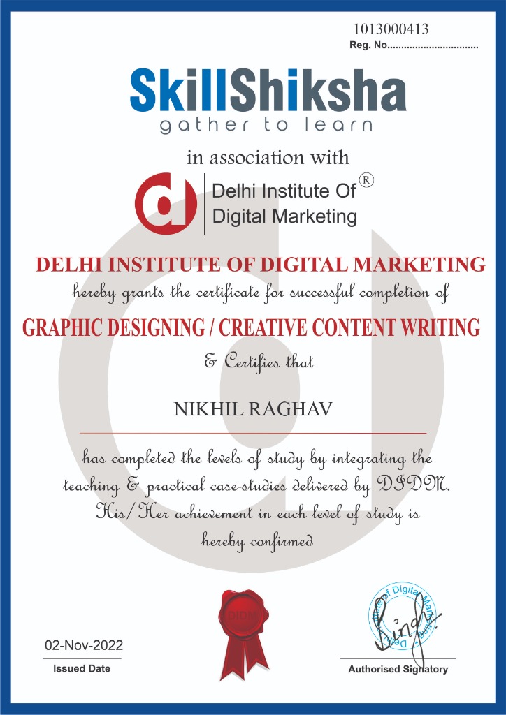 SkillShiksha & DIDM Graphic Designing / Creative Content Writing Certificate